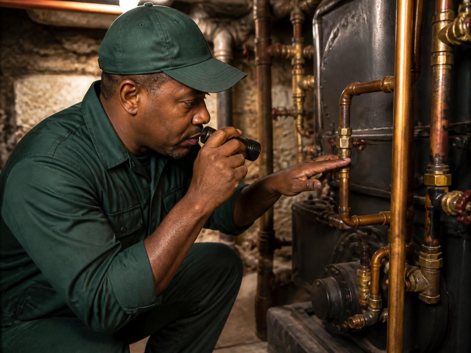 CRP Plumbing and Heating technician inspecting boiler piping in a New York City building basement