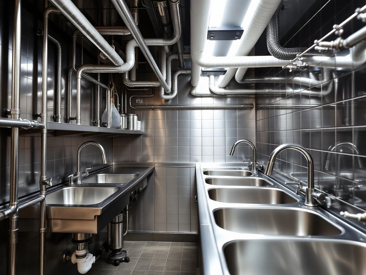 Stainless steel commercial kitchen sinks and drain piping installed for a restaurant in Flatbush, Brooklyn