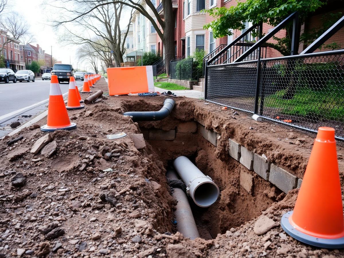 Sewer line replacement excavation on a residential street in Prospect Lefferts Gardens, Brooklyn